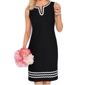 Talbots Sheath Dress Size 2 Sleeveless Black White Ric Rac Trim Preppy Classic